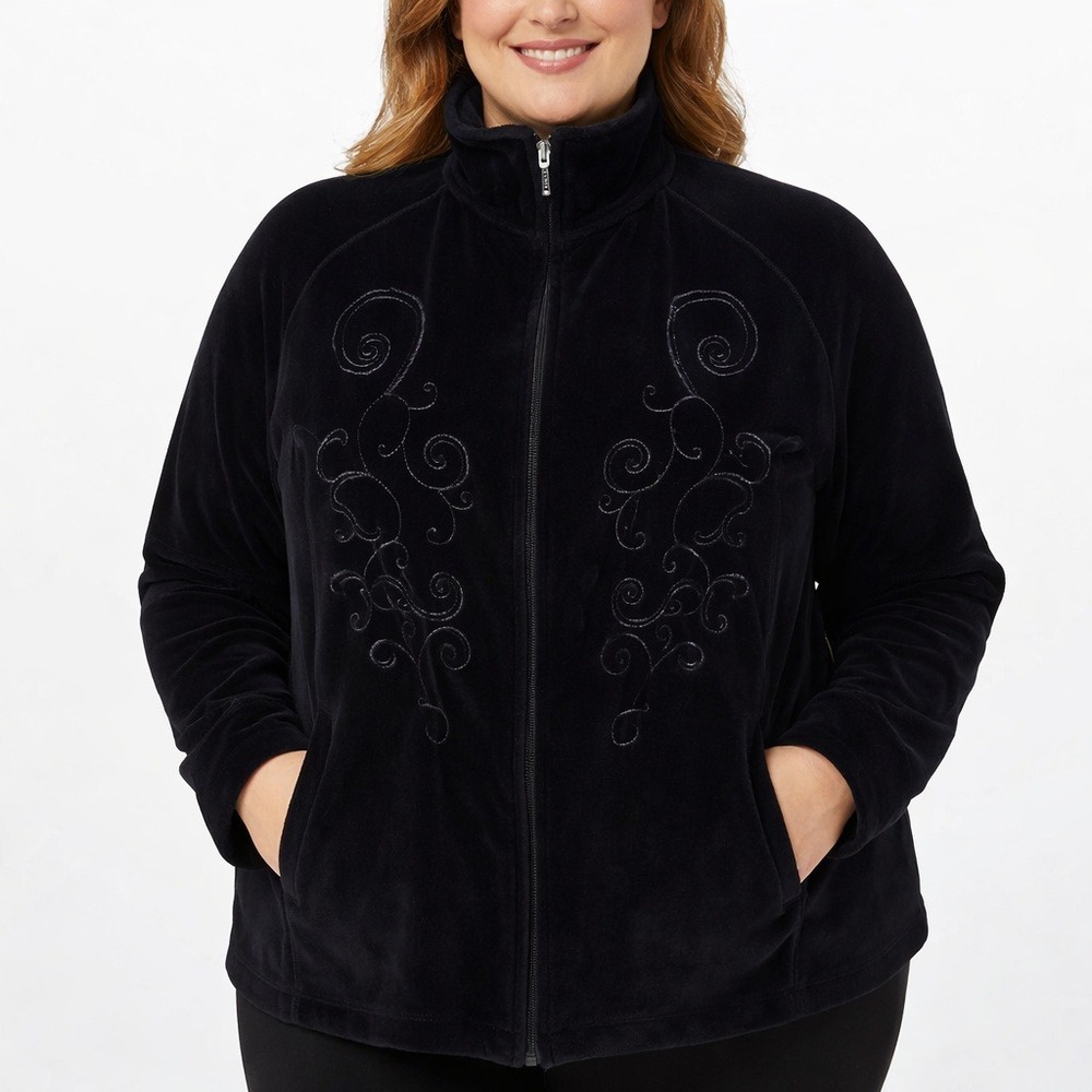 Carroll Reed Jacket Womens 1X Black Velour Zip Up‎ Embroidered Scroll Pockets